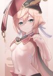  1girl :3 antlers bare_arms bare_shoulders blonde_hair blue_eyes breasts genshin_impact hair_between_eyes hat highres long_hair looking_at_viewer marinesnow midriff navel no_bra red_headwear revealing_clothes scales sleeveless small_breasts smile solo stomach underboob upper_body yanfei_(genshin_impact) 
