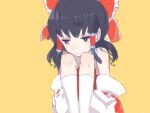  1girl archived_source bangs bare_shoulders black_eyes black_hair bow closed_mouth detached_sleeves drawr feet_out_of_frame frilled_bow frilled_hair_tubes frills frown hair_bow hair_tubes hakurei_reimu hayakawa kneehighs knees_up large_bow leg_hug legs_together long_hair long_sleeves looking_away looking_down negative_space oekaki orange_background red_bow red_ribbon ribbon ribbon-trimmed_sleeves ribbon_trim sad sidelocks simple_background sitting solo touhou white_legwear wide_sleeves 