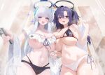  2girls :d bikini black_bikini blue_archive blue_eyes blush bra breasts bright_pupils commentary_request frilled_bra frills from_side grey_halo halo highres holding huge_breasts long_hair multiple_girls navel noa_(blue_archive) open_mouth purple_eyes purple_hair side-tie_bikini_bottom smile sparkle steam stomach swimsuit two_side_up underboob underwear white_bikini white_hair white_pupils xiujia_yihuizi yuuka_(blue_archive) 