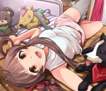  1girl :d bangs bed bed_frame blunt_bangs breasts brown_eyes brown_hair cowlick curtains dog eyebrows_visible_through_hair from_above green_scarf grey_legwear hair_ribbon hakozaki_serika hanamasa_ono highres idolmaster idolmaster_million_live! knee_up light_blush lying on_back on_bed open_mouth pillow pink_shorts plant potted_plant red_ribbon red_scarf ribbon scarf shirt shorts single_thighhigh sleeveless sleeveless_shirt small_breasts smile solo stuffed_animal stuffed_toy teddy_bear thighhighs tongue tongue_out twintails white_shirt 