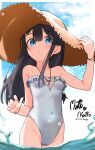  1girl artist_name black_hair blue_eyes blue_sky breasts casual_one-piece_swimsuit cloud commentary_request covered_navel dated day hair_ornament hairclip hat highleg highleg_swimsuit highres long_hair looking_at_viewer motto_notto one-piece_swimsuit original outdoors sky small_breasts solo straw_hat sun_hat swimsuit thai_commentary water white_swimsuit 