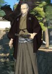  1boy animal architecture arm_at_side beard bird bird_request blue_sky brown_hakama brown_haori brown_kimono cheekbones chinstrap_beard closed_mouth crest east_asian_architecture facial_hair family_crest fate/grand_order fate_(series) feet_out_of_frame furumi_showichi grey_facial_hair grey_hair hakama hand_on_sheath haori japanese_clothes katana kimono long_sleeves looking_at_viewer male_focus official_art old old_man orange_eyes sash sheath sheathed sky solo sword third-party_source variant_set weapon white_sash wide_sleeves yagyuu_munenori_(fate) 