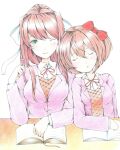  2girls blazer blush book bow brown_hair closed_eyes colored_pencil_(medium) desk doki_doki_literature_club green_eyes highres jacket monika_(doki_doki_literature_club) multiple_girls one_eye_closed open_book pen ponytail red_bow red_ribbon ribbon sayori_(doki_doki_literature_club) school_uniform short_hair sleeping sleeping_on_person traditional_media user_dudm5433 white_ribbon yuri 