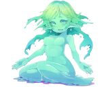  1girl blue_eyes bottomless breasts colored_skin full_body green_skin highres ls-lrtha monster_girl navel open_mouth original pointy_ears simple_background sitting slime_girl solo white_background 