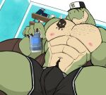  absurd_res anthro beverage_can black_clothing black_underwear body_hair bulge chest_hair clothed clothing darknaigart dinosaur green_body hat headgear headwear hi_res inside looking_at_viewer low-angle_view male muscular muscular_anthro muscular_male nipples reptile scalie solo spread_legs spreading topless underwear 