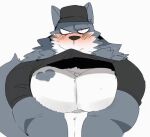  2d_animation animated blush canid canine canis chest_squish chest_tattoo clothed clothing fur fur_markings hyaku_(artist) loop male mammal markings muscular muscular_male pec_squeeze pec_squish pecs presenting raised_clothing raised_shirt raised_topwear shirt short_playtime solo solo_focus tattoo topwear wolf 