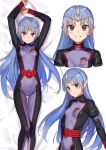  1girl :d blue_hair bodysuit breasts closed_mouth dakimakura_(medium) hands_up highres kawakami_rokkaku lafiel long_hair looking_at_viewer lying on_back open_mouth pointy_ears purple_bodysuit purple_eyes sash seikai_no_senki small_breasts smile solo thigh_gap very_long_hair 