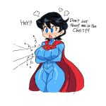  1girl black_hair blue_bodysuit blue_eyes blush bodysuit breasts bullet cape cowboy_shot dc_comics english_text genderswap genderswap_(mtf) highres large_breasts nose_blush open_mouth rariatto_(ganguri) red_cape shiny shiny_clothes short_hair simple_background standing steam superman superman_(series) superwoman sweatdrop thighs white_background 