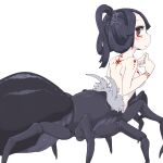  1girl arachne arthropod_girl arthropod_legs back black_hair blush breasts brown_eyes carapace closed_mouth extra_legs fingers_together highres ls-lrtha monster_girl nude original own_hands_together sideways_glance simple_background solo spider_girl tattoo taur white_background 