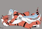  anthro bodily_fluids digimon digimon_(species) dragon duo female fuf genital_fluids grey_background growlmon hair horn macharius male male/female membrane_(anatomy) membranous_wings pussy_juice red_body red_scales scales sex simple_background white_body white_hair white_scales wings 