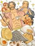  5boys abs black_hair blonde_hair blush buggy_the_clown chopsticks commentary eating facial_hair food glasses gol_d._roger hair_slicked_back higashida_623 highres holding holding_chopsticks japanese_clothes kimono kouzuki_oden long_hair multiple_boys mustache oden one_piece orange_kimono pink_shirt red_nose scar scar_across_eye scar_on_face shanks_(one_piece) shirt short_hair silvers_rayleigh simple_background sparkle symbol-only_commentary twitter_username white_background 