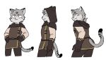 accessory anthro belt bodily_fluids bottomwear clothed clothing coat confident domestic_cat felid feline felis gloves hair hair_accessory hair_tie hands_on_hips handwear hi_res hood male mammal northwoooof pants rogue solo standing sweat tied_hair toby_(northwoooof) topwear