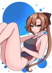  1girl absurdres akigumo_(kancolle) akigumo_kai_ni_(kancolle) bikini breasts brown_hair colorful_background commentary_request competition_swimsuit feet_out_of_frame green_eyes highleg highleg_one-piece_swimsuit highres kantai_collection long_hair medium_breasts mole mole_under_eye multicolored_bikini one-piece_swimsuit ponytail racerback sitting solo swimsuit tokiwa_senkei tongue tongue_out two-tone_bikini 