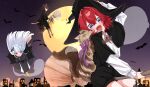  3girls 3znk absurdres alternate_costume alternate_hairstyle ange_katrina animal_ears animal_on_shoulder banken_(inui_toko) bat_(animal) bat_hair_ornament bird black_capelet black_dress black_hat black_shoes black_shorts black_thighhighs blue_eyes blue_hair blunt_bangs blush bow braid breasts broom broom_riding brown_cat brown_pantyhose brown_tail candy capelet cat cat_on_shoulder collared_shirt cone_hair_bun crossed_bangs dog_ears dog_girl dog_tail double_bun dress english_commentary fanged_bangs floating_hair flying food full_moon ghost hair_between_eyes hair_bun hair_intakes hair_ornament hair_over_shoulder hair_ribbon halloween halloween_bucket halloween_costume hand_on_headwear hat highres holding holding_broom inui_toko jewelry lize_helesta long_bangs long_hair long_sleeves looking_at_viewer medium_breasts moon multicolored_hair multiple_girls neck_ribbon necklace night night_sky nijisanji open_mouth pantyhose puffy_long_sleeves puffy_sleeves purple_bow purple_sky red_hair red_ribbon ribbon sanbaka_(nijisanji) sebastian_piyodore shirt shoes short_hair shorts side_braid sidesaddle sky small_breasts spider_web_hair_ornament star_(sky) streaked_hair tail teeth thighhighs v-shaped_eyebrows virtual_youtuber white_hair white_shirt wide_brim witch witch_hat yellow_bird 