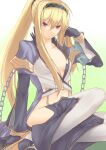  1girl bangs black_pants blonde_hair breasts chain closed_mouth coat commentary_request full_body grey_coat hair_between_eyes long_hair looking_to_the_side navel nueco pants ponytail purple_eyes ragnarok_online sidelocks simple_background small_breasts solo warlock_(ragnarok_online) 