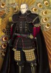  1boy arm_at_side armor armored_gloves beard black_armor black_boots black_cape black_gloves black_pants boots cape cheekbones chinstrap_beard closed_mouth facial_hair fate/grand_order fate_(series) feet_out_of_frame furumi_showichi gloves grey_facial_hair grey_hair hand_on_sheath japanese_armor katana kote kusazuri leg_armor long_sleeves looking_at_viewer male_focus official_art old old_man orange_eyes pants samurai sheath sheathed shoulder_armor sode solo sword tassel third-party_source v-shaped_eyebrows variant_set weapon wing_collar yagyuu_munenori_(fate) yellow_background 