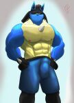 2021 abs absurd_res anthro athletic athletic_wear balls_outline barazoku belt biceps black_arms black_belt black_body black_fur black_legs blue_arms blue_body blue_bottomwear blue_clothing blue_fur blue_head blue_pants bottomwear brown_hair bulge clothing detailed_bulge erection erection_under_bottomwear erection_under_clothing fur generation_4_pokemon genital_outline gym_bottomwear gym_shorts hair hi_res looking_at_viewer lucario male muscular muscular_biceps muscular_legs muscular_male neotorakuma nintendo nipples pants pecs penis_outline pokemon pokemon_(species) red_eyes shorts solo tight_clothing yellow_body yellow_fur
