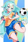  1girl ^^^ ahoge blue_shorts blue_socks breasts collar green_eyes hair_around_neck hair_ornament hairclip highres inazuma_eleven inazuma_eleven_(series) inazuma_eleven_go inazuma_eleven_go_chrono_stone kneehighs light_blush lightning_bolt_symbol long_hair manto_(inazuma_eleven) medium_breasts omochishiki open_mouth parted_lips ponytail raimon raimon_soccer_uniform shirt shoelaces shoes short_sleeves shorts soccer soccer_uniform socks solo sportswear tareme telstar tsurime very_long_hair white_collar white_shoes yellow_shirt 