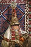  arm_rest bzhdojioshnme20 carpet closed_mouth grey_eyes hat highres kazakh_clothes kazakhstan looking_at_viewer otoyomegatari saukele tent 
