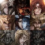  2girls 6+boys alternate_form amputee armor asymmetrical_horns beard black_sclera blonde_hair blood blood_from_mouth blood_on_face blue_eyes blue_hair blue_hat blue_skin braid circlet colored_sclera colored_skin commentary crazy_grin crying elden_ring elden_ring:_shadow_of_the_erdtree english_commentary evil_smile facial_hair fake_horns fangs god-devouring_serpent godwyn_the_golden gold_armor grey_hair grin half-siblings hand_on_own_cheek hand_on_own_face hat helmet highres hollow_eyes horned_helmet horns leaning_on_self light_smile long_hair lunar_princess_ranni malenia_blade_of_miquella medium_hair messmer_the_impaler miquella_(elden_ring) mohg_lord_of_blood morgott_the_omen_king multiple_boys multiple_girls multiple_horns no_pupils ornate_armor pale_skin praetor_rykard ranni_the_witch red_hair red_snake rotting sad satsu-strive scarlet_aeonia_(elden_ring) sharp_teeth siblings side_braid sleeveless_tunic slit_pupils smile smirk snake starscourge_radahn sword tears teeth triple_amputee tunic weapon white_eyes white_tunic winged_helmet witch_hat yellow_eyes 