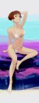  1girl absurdres barefoot bob_cut breasts brown_eyes brown_hair earrings full_body gake_no_ue_no_ponyo highres jewelry lisa_(ponyo) looking_at_viewer mature_female navel open_mouth short_hair solo swimsuit tombiiwa 