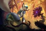  adventure anthro butt canid canine canis clothing dante_kinkade explorer exploring flower forest forest_background happy male mammal nature nature_background plant rear_view skin_tight_suit solo thorns tight_clothing tree troy_rt5k vines wolf 