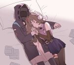  1girl 1other animal_ears arknights asymmetrical_legwear bandaged_hand bandages bare_shoulders black_coat black_gloves brown_hair brown_pantyhose brown_sleeves brown_thighhighs closed_eyes coat collared_shirt curled_horns detached_sleeves doctor_(arknights) elysiium eyjafjalla_(arknights) eyjafjalla_the_hvit_aska_(arknights) gloves head_on_pillow highres holding_hands hood hood_up hooded_coat horns long_hair long_sleeves lying miniskirt on_back on_side pantyhose paper parted_lips pillow pink_shirt pleated_skirt ponytail purple_skirt sheep_ears sheep_girl sheep_horns shirt side_ponytail single_leg_pantyhose single_thighhigh skirt sleeping sleeveless sleeveless_shirt thighhighs uneven_legwear white_horns 