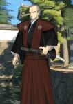  1boy architecture arm_at_side beard black_kimono blue_sky brown_hakama cheekbones chinstrap_beard closed_mouth crest east_asian_architecture facial_hair family_crest fate/grand_order fate_(series) feet_out_of_frame furumi_showichi grey_hair hakama hand_on_sheath japanese_clothes kataginu katana kimono long_sleeves looking_at_viewer male_focus official_art old old_man orange_eyes sheath sheathed sky solo sword third-party_source variant_set weapon wide_sleeves yagyuu_munenori_(fate) 