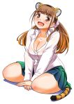  1girl animal_ear_hairband animal_ears blunt_bangs blush breasts brown_eyes brown_hair cleavage collarbone collared_shirt commentary_request dress_shirt fake_animal_ears fake_tail full_body green_skirt hair_ornament hair_scrunchie hairband highres large_breasts long_hair long_sleeves looking_at_viewer open_mouth pink_scrunchie pleated_skirt school_uniform scrunchie shirt simple_background sitting skirt smile sogabe_toshinori solo tail tiger_ears tiger_tail twintails ushigome_yuna white_background white_shirt yankee_jk_kuzuhana-chan 