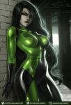  1girl black_bodysuit black_hair bodysuit commentary disney freckles gloves green_bodysuit green_eyes highres kim_possible lips long_hair looking_at_viewer luminyu multicolored multicolored_bodysuit multicolored_clothes pale_skin shego signature smile solo wall 