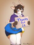 alchemist anthro antlers avoiding_eye_contact belt blue_eyes blush bottomwear bow_tie brown_hair chest_tuft clothed clothing deer digital_media_(artwork) fur gloves hair handwear hatching_(art) hi_res holding_object holding_sign horn male mammal multicolored_body multicolored_fur new_world_deer reindeer reindeer_antlers shaded shirt short_cape shorts shoulder_cape sign simple_background solo tail tail_motion tailwag thank_you thank_you_message topwear travis_mayer travis_mayer_(character) tuft tunic