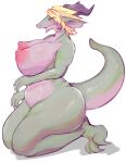  anthro areola big_breasts biped blonde_hair blush breasts chubby_female dragon ear_piercing eyelashes eyes_closed female green_body hair hi_res horn huge_breasts kneeling nipples nude piercing scalie side_view simple_background slightly_chubby solo solterv thick_thighs white_background 
