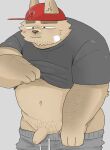  2021 anthro bottomwear brown_body brown_fur canid canine canis clothing domestic_dog flaccid fur genitals hat headgear headwear hi_res humanoid_genitalia humanoid_hands humanoid_penis kemono male mammal och5 overweight overweight_anthro overweight_male pants penis shirt simple_background solo topwear undressing 