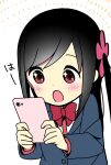  +_+ 1girl :o bangs black_hair blazer blue_jacket blush bow bowtie cellphone collared_shirt commentary_request disconnected_mouth dot_nose emphasis_lines flower hair_flower hair_ornament highres hitori_bocchi hitoribocchi_no_marumaru_seikatsu holding holding_phone jacket katsuwo_(cr66g) long_hair long_sleeves looking_at_phone looking_down open_mouth phone pink_flower red_bow red_eyes red_neckwear school_uniform shirt sidelocks simple_background smartphone solo upper_body white_background white_shirt 