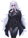  1girl absurdres azur_lane bangs black_gloves business_suit eyebrows_visible_through_hair formal glasses gloves graf_zeppelin_(azur_lane) hair_between_eyes highres jacket jacket_on_shoulders long_bangs long_hair messy_hair necktie red_eyes red_neckwear silver_hair simple_background slacks solo solo_focus suit sunglasses upper_body very_long_hair white_background yuki_maccha_(yukimattya10) 