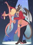 anthro clothing dancing draccy dragon duo embarrassed female goolee jewelry leaning leaning_backward male male/female mindy_(goolee) mythological_creature mythological_scalie mythology scalie spotlight spotlight_beam wardrobe_malfunction wings