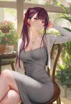  alternate_costume blunt_bangs blush braid breasts chair cleavage collarbone crossed_legs day dongtan_dress girls&#039;_frontline girls&#039;_frontline_2:_exilium highres jewelry lin_to looking_at_viewer makiatto_(girls&#039;_frontline_2) meme_attire necklace red_eyes side_braid side_ponytail sidelocks sitting tree wa2000_(girls&#039;_frontline) 