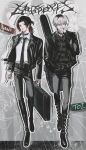  2boys akane_(st31010) belt belt_collar black_belt black_boots black_collar black_hair black_jacket black_nails black_necktie black_pants black_shirt blonde_hair boots chain chain_necklace character_name cigarette collar collared_shirt commentary cross cross_earrings cross_necklace drop_shadow ear_piercing earrings full_body guitar_case hair_between_eyes hand_in_pocket highres holding holding_case holding_cigarette instrument_case jacket jewelry long_sleeves looking_at_viewer looking_to_the_side male_focus multicolored_hair multiple_boys necklace necktie open_clothes open_jacket open_mouth original outline pants piercing red_eyes red_hair shirt smoking st31010 standing symbol-only_commentary toi_(st31010) two-tone_hair unzipped white_outline white_shirt 