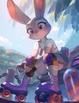  anthro band-aid bandage bench beverage bottomwear breasts clothed clothing disney female fingerless_gloves gloves handwear judy_hopps knee_pads lagomorph leporid looking_down low-angle_view mammal outside popodunk purple_eyes rabbit rollerskates scut_tail shirt shorts sitting solo tight_closthing topwear worm&#039;s-eye_view zootopia 