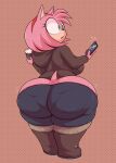 amy_rose anthro behniis beverage big_butt boots bottomwear butt butt_jiggle clothing container cup electronics eulipotyphlan exposed_butt female footwear hair hedgehog hi_res hoodie jiggling mammal phone pink_hair sega shoes solo sonic_the_hedgehog_(series) thick_thighs tight_bottomwear tight_clothing topwear wide_hips