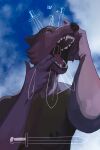 anthro areola biped blue_background blue_sky breasts canid canine canis card cloud fangs female four_of_swords_(tarot) hi_res impalement looking_up mammal melee_weapon nipples nude open_mouth oystr purple_body roman_numeral simple_background sky solo sword tarot tarot_card teeth tongue weapon wolf