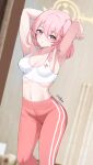 1girl absurdres alternate_costume armpits arms_up artist_name blue_archive blurry blurry_background blush breasts commission exercising feather_hair feet_out_of_frame halo highres kurochomo leggings looking_at_viewer medium_breasts medium_hair midriff navel pink_eyes pink_hair pink_leggings pixiv_commission serina_(blue_archive) side_ponytail solo sports_bra sweat sweaty_armpits thighs white_sports_bra yellow_halo 