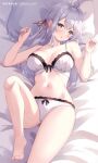  1girl alisa_mikhailovna_kujou barefoot bed_sheet black_bow bow bow_bra bow_panties bra breasts grey_hair hair_ribbon highres lace-trimmed_bra lace-trimmed_panties lace_trim long_hair lying medium_breasts navel on_back panties patreon_username red_ribbon ribbon sebu_illust solo thighs toes tokidoki_bosotto_roshia-go_de_dereru_tonari_no_alya-san underwear underwear_only white_bra white_panties 