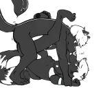 anthro black_body black_fur dialogue duo eye_contact fur hair holding_down legs_up long_tail looking_at_another lying male male/male mammal mephitid monochrome nose_to_nose on_back open_mouth p_rindustries pushing_down sex simple_background skunk smile tail white_background white_hair