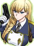  1girl anne_behar black_necktie blonde_hair blue_eyes braid breasts commentary_request gloves gun handgun holding holding_gun holding_weapon holster large_breasts necktie ourai_no_gahkthun shoulder_holster side_braid solo steampunk_(liarsoft) tanaka_gorbachev upper_body v-shaped_eyebrows weapon white_gloves 