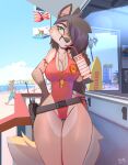 2025 absurd_res american_flag anthro arm_tuft beach beverage big_breasts black_hair blue_eyes breasts building butt butt_from_the_front california_flag canid canine canis clothing collarbone drinking_straw ear_piercing electronics eyebrows eyelashes female flag fur gloves_(marking) hair hand_on_hip hi_res hinget industrial_piercing lifeguard lifeguard_swimsuit mammal markings mia_(hinget) one-piece_swimsuit outside piercing red_clothing red_swimwear shoulder_tuft solo swimwear tan_body tan_fur thick_thighs thigh_gap tuft united_states_of_america walkie-talkie whistle_(object) wide_hips wolf