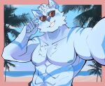  2021 abs anthro beach border bottomwear canid canine canis clothed clothing eyewear hair hi_res male mammal markings muscular muscular_anthro muscular_male nipples nivv_(pmd433) outside palm_tree pecs pink_border plant rygel_spkb seaside selfie smile smirk solo sunglasses topless topless_male tree water wolf 