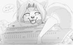 ambiguous_gender anthro canid canine canis cheek_tuft claws cruise_ship dialogue digital_drawing_(artwork) digital_media_(artwork) domestic_dog english_text extreme_size_difference facial_tuft fangs female female_anthro fluffy fluffy_tail fur greyscale hair hi_res husky inner_ear_fluff landscape_dwarfing larger_anthro larger_female looking_down looming macro macro_anthro macro_female mammal merchant_ship micro_ambiguous micro_anthro monochrome mountain nordic_sled_dog open_mouth outside palm_tree passenger_ship plant s2-freak ship siberian_husky signature size_difference smaller_ambiguous smaller_anthro solo speech_bubble spitz tail teeth text tongue tree tuft utility_pole vehicle water watercraft watermark