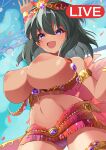  absurdres aqua_hair arabian_clothes arm_up blue_sky breast_slip breasts cameltoe circlet commentary_request curvy dark-skinned_female dark_skin gem glands_of_montgomery highres idolmaster idolmaster_cinderella_girls idolmaster_cinderella_girls_starlight_stage large_breasts medium_hair natalia_(idolmaster) navel nipples open_mouth panties perky_breasts purple_eyes purple_gemstone purple_panties satoyama_meu sky smile standing tan thighs underwear 