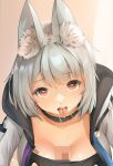  1girl animal_collar animal_ear_fluff animal_ears breast_squeeze breasts censored cleavage collar commission deep_skin grayfox highres large_breasts looking_at_viewer mosaic_censoring original paizuri paizuri_under_clothes popped_collar pov red_eyes saliva silver_hair strapless tongue tongue_out tubetop 